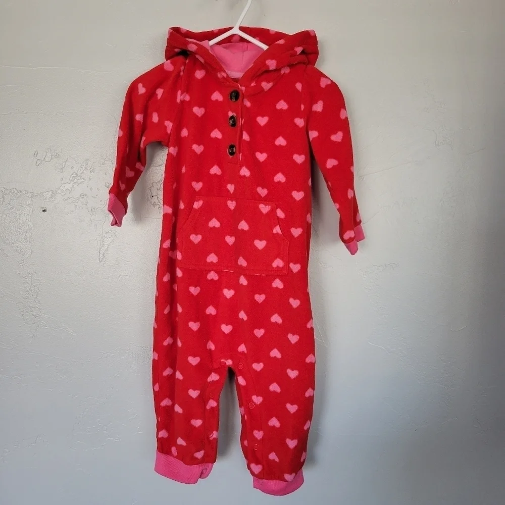 Carter's Baby Girl 12 Months One Piece Outfit Red Fleece Pink Hearts Hooded Long